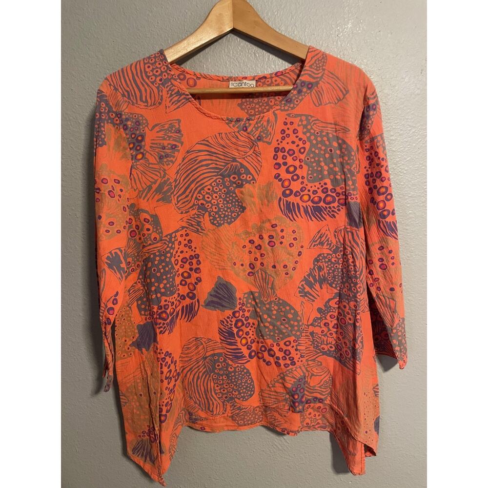 ICantoo Shirt Womens Medium Coral Abstract Print Boho Tunic Lightweight Made USA